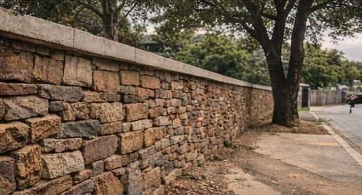 Long perimeter stone wall perspective